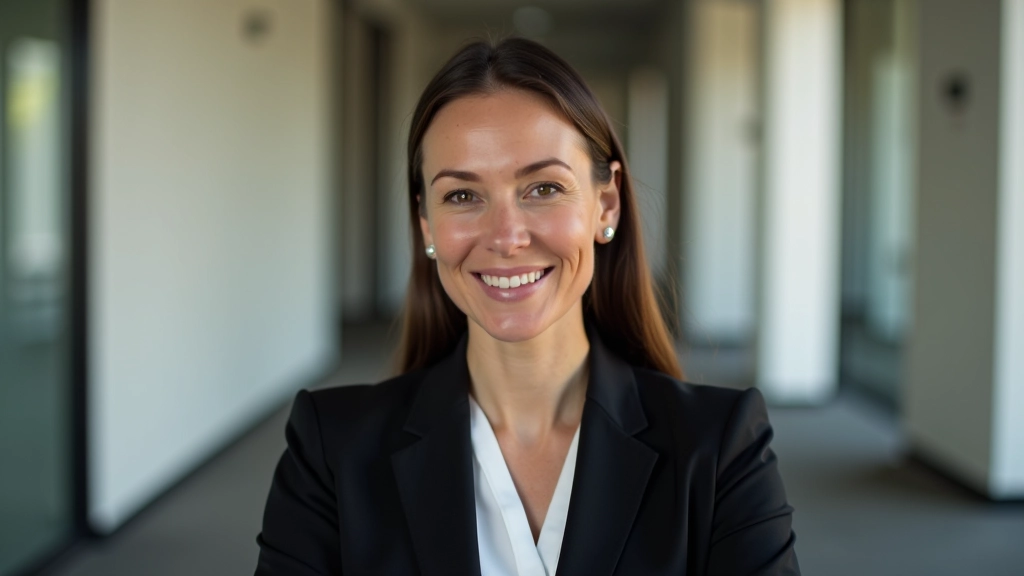 Portrait von Sarah, Finanzplanung-Expertin mit freundlichem Lächeln, professionelle Aufnahme von Brust aufwärts, modernes Büro im Hintergrund